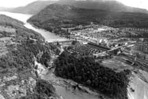Recreation park, powell river: Track and field activities were held for many years at Recreation Park on property adjoining the Mill. This 1954 aerial shows the location of the field in relation to the Townsite. (Photo courtesy Powell River Historical Museum) 